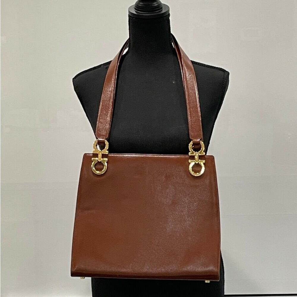 Salvatore Ferragamo tote bag leather Brown Gancini gold hardware shoulder